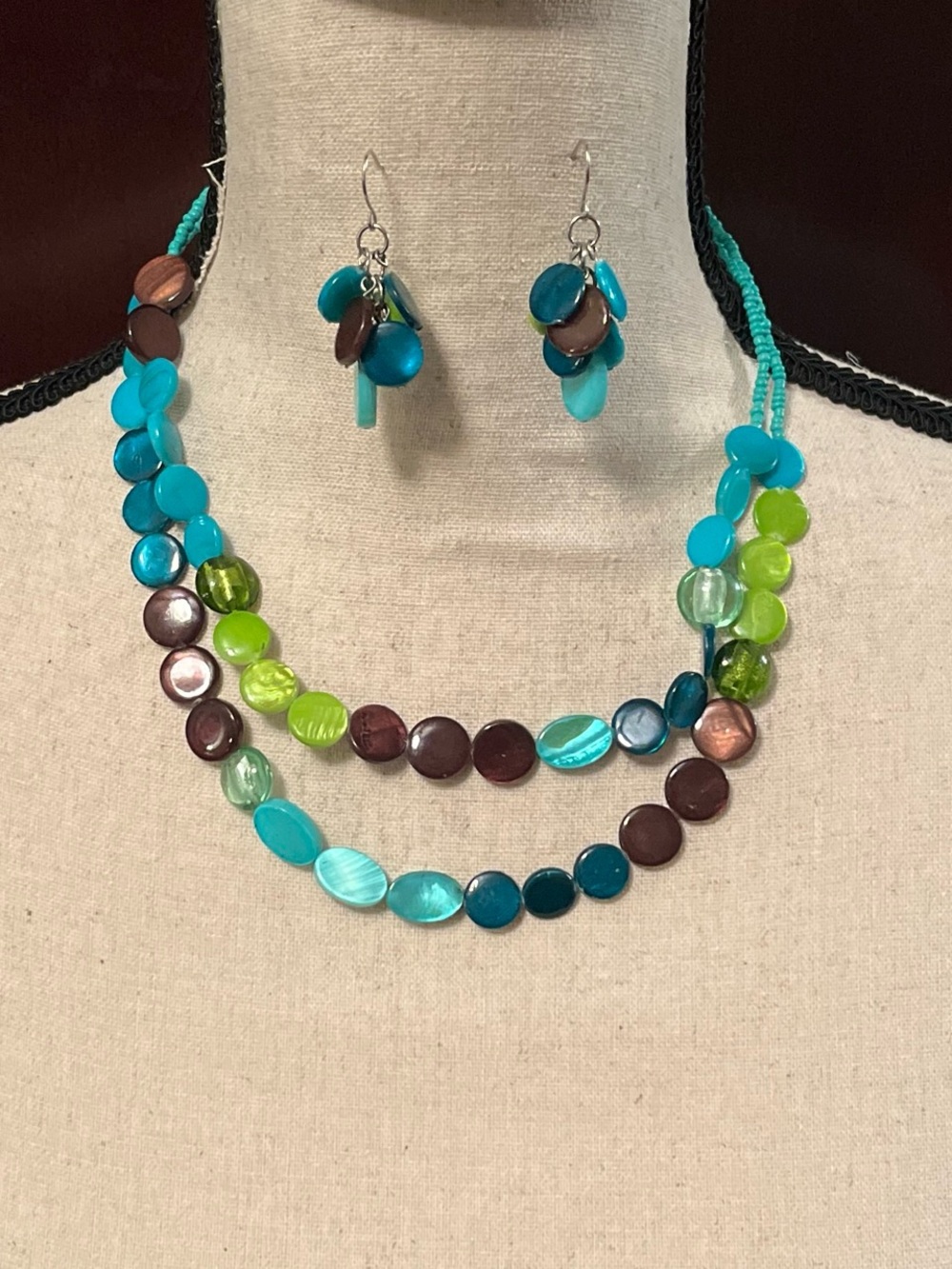 Multi-Strand Turquoise & Lime Shell Bead Necklace with Matching Earrings